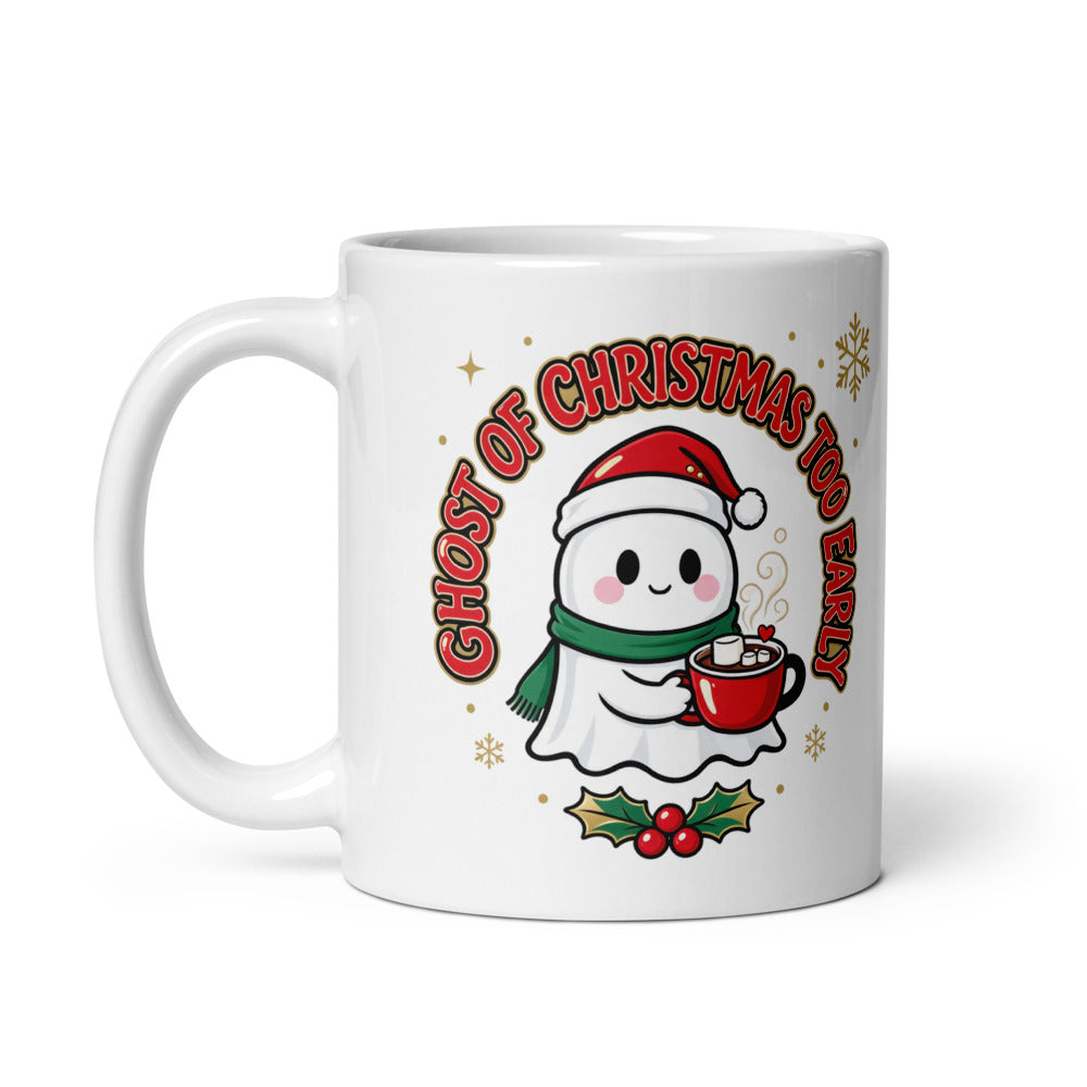 Ghost of Christmas Too Early mug, handle on the left